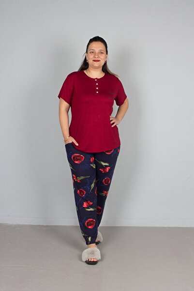 Truva XXL Large Size Bottom Floral Patterned Top Burgundy Pajama Suit