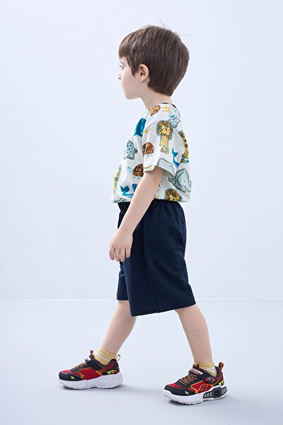Perendi Boys Shorts Set - Animal Print Short Sleeve T-Shirt and Navy Shorts - Summer Outfit