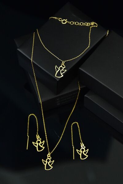 Papatya Silver 925 Ayar Gümüş Altın Kaplama Melek Kolye Küpe Bileklik Set