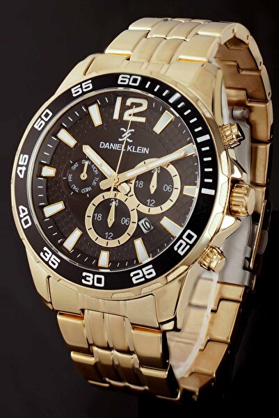 Daniel Klein Altın Gold Siyah Takvimli Çelik Kordonlu Erkek Kol Saati