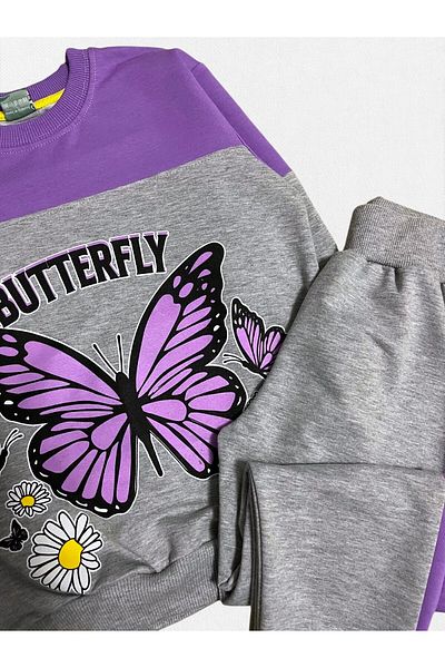 Fil Kids Girl's 100% Cotton Butterfly Daisy Patterned Long Sleeve Gray Purple Color Seasonal Tracksuit Set