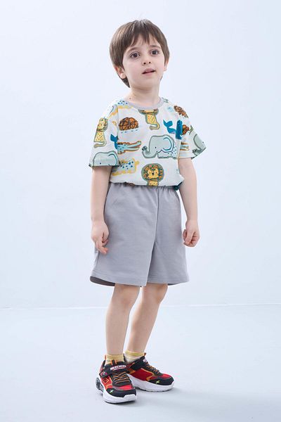 Perendi Boys Shorts Set - Animal Print Short Sleeve T-Shirt & Gray Shorts - Summer Outfit