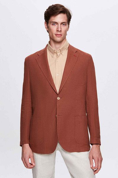 D'S Damat Regular Fit Cinnamon Plain 100% Linen Fabric Jacket