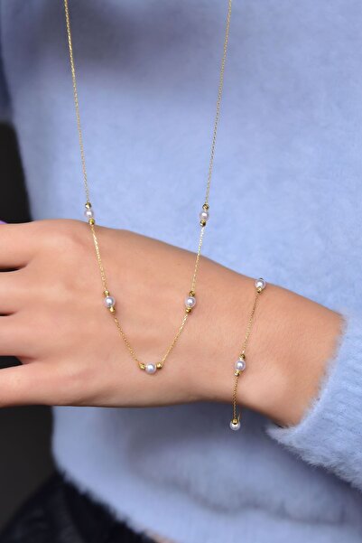 Papatya Silver 925 Ayar Gümüş Gold Dorika Toplu Incili Kolye Bileklik Set Uvp...