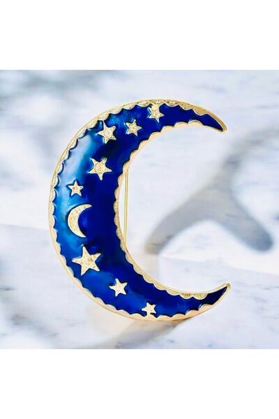 Rachel Silver Zirkon Taşlı Renkli Mineli Altın Renk Ay Yıldız Model Tasarım Broş