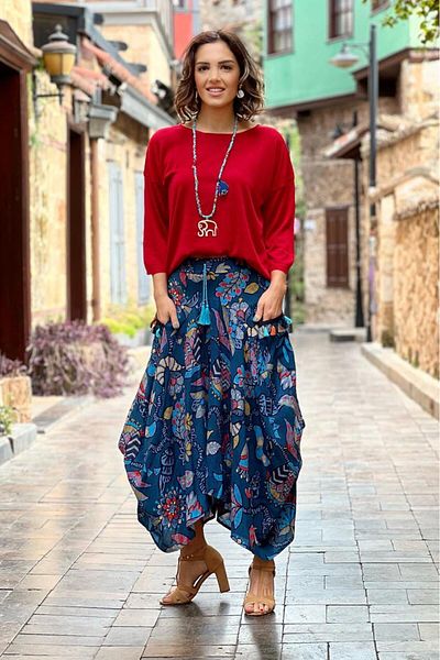 Nevin Kaya Moda Fustă Shalwar cu model etnic albastru