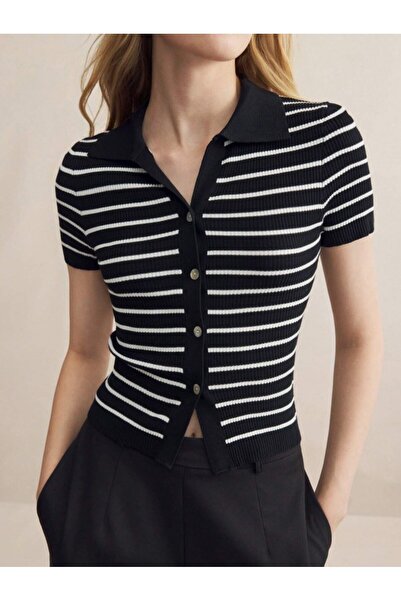 Dier Moda سترة صوفية موسمية بأكمام قصيرة مخططة بأزرار FM12100