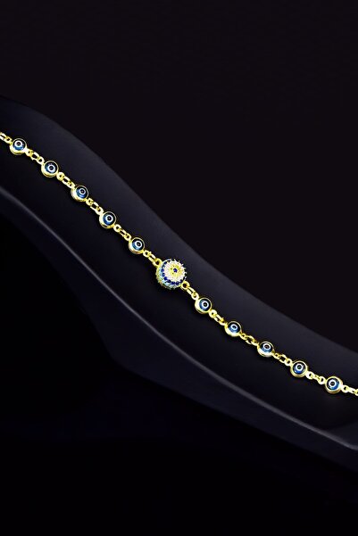 Papatya Silver 925 Ayar Gümüş Gold Kaplama Cam Göz Firuze Nazar Bileklik