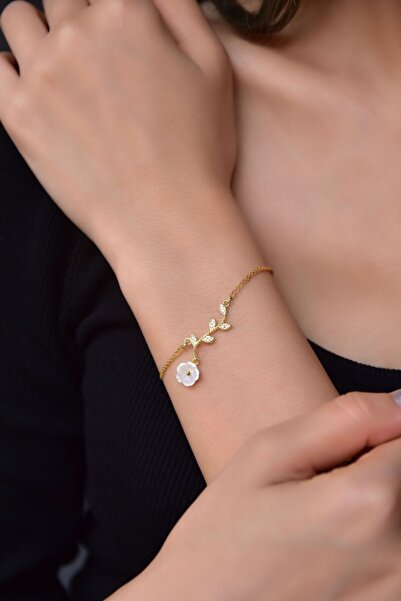 Papatya Silver 925 Ayar Gümüş Gold Kaplama Dallı Sedef Manolya Çiçeği Bileklik