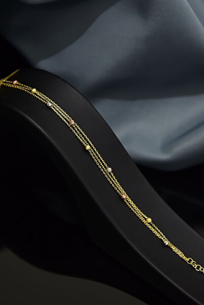 Papatya Silver 14 Ayar Altın Üç Renk Dorika Toplu Üç Zincir Kadın Bileklik