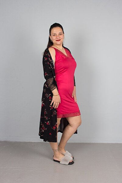 Truva XXL Large Size Sabal Flower Patterned Nightgown Red