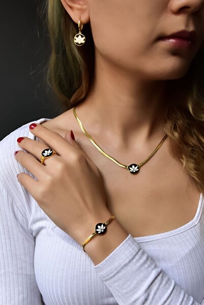 Papatya Silver 925 Ayar Gold Kaplama Mineli Lotus Çiçeği Kolye-bileklik-yüzük...