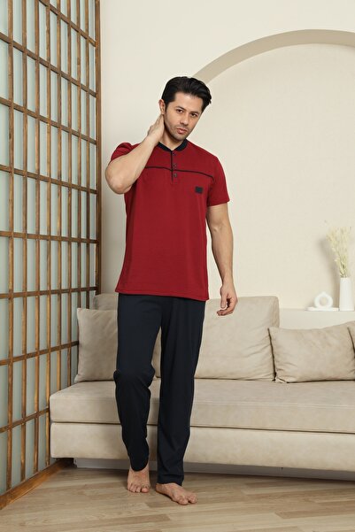MODAREYA Kısa Kollu Bordo Renk Yakası Düğmeli Nakışlı Erkek Pijama Takımı