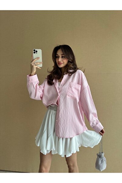 BUTİK ELAJ Kadın Pembe Çizgili Oversize Gömlek