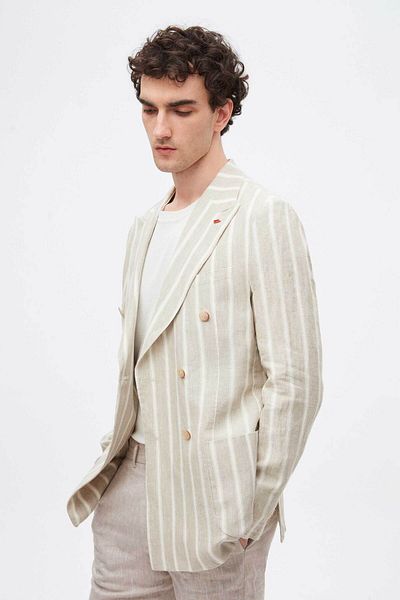 Twn Slim Fit Beige Dobby 100% Linen Double Breasted Fabric Jacket
