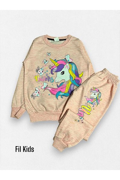 Fil Kids Girl's 100% Cotton Unicorn Horse Patterned Long Sleeve Pink Seasonal Tracksuit Set