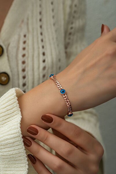 Papatya Silver 925 Ayar Rose Altın Kaplama Nazar Gözlü Gümüş Zincir Bileklik