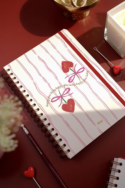 Matt Notebook B5 17X24 cm Spiral Elastic Striped Undated Notepad Cherry Bow