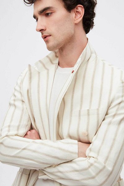 Twn Slim Fit Ecru Dobby 100% Linen Double Breasted Fabric Jacket