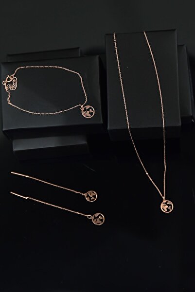 Papatya Silver 925 Ayar Gümüş Rose Kaplama Dünya Kolye Küpe Bileklik Set