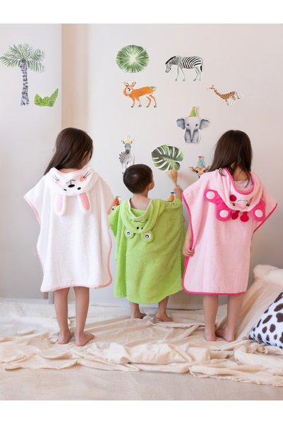 zenginhome Poncho Children's Bathrobe Beach Towel (3-8 Years) Inner and Outer Surface Cotton - Frog
