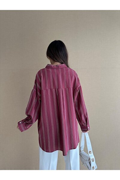 BUTİK ELAJ Kadın Bordo Çizgili Oversize Gömlek