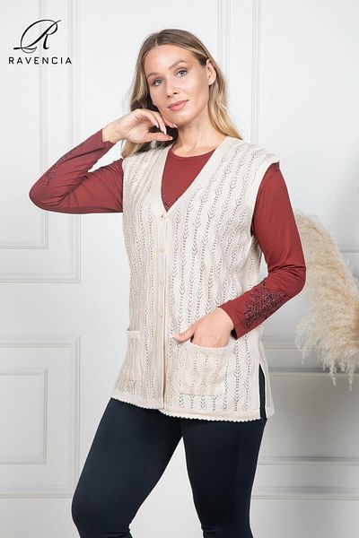 Ravencia Women's Thin Knitwear Knitted Buttoned Cream Color Mother Vest for Middle Ages and Above