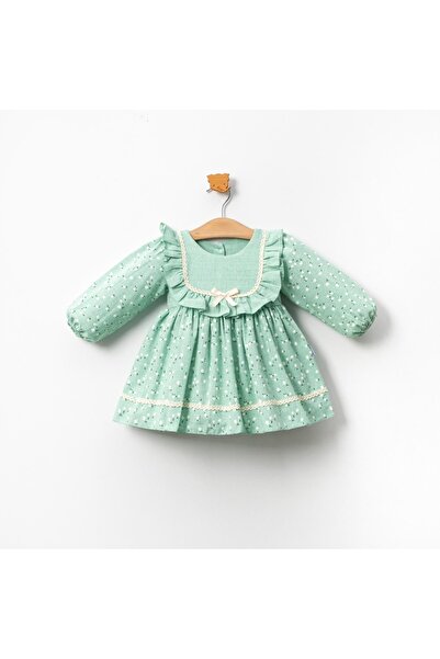 TİJK Çiçek Desenli Kurdeleli Kız Bebek Elbise