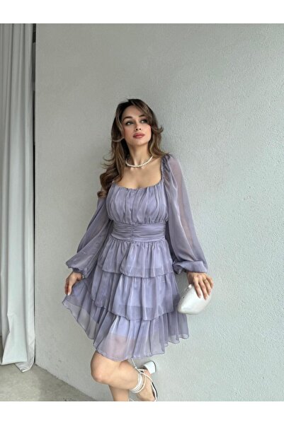 lolembutik Kadın Kare Yaka Kat Etekli Transparan Kollu Mini Şifon Elbise