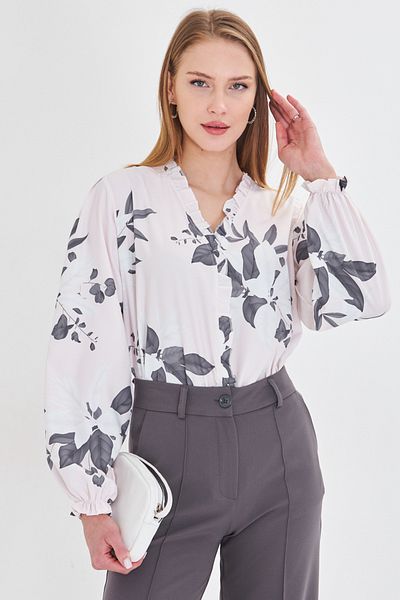 armonika Women's Gray Collar Blouse - Top Deal, Mixed Ducks and Long Sleeves