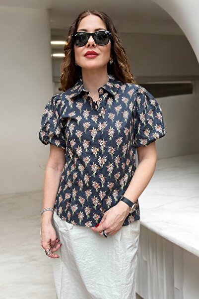 Butik Balon Kollu Çiçekli Gömlek