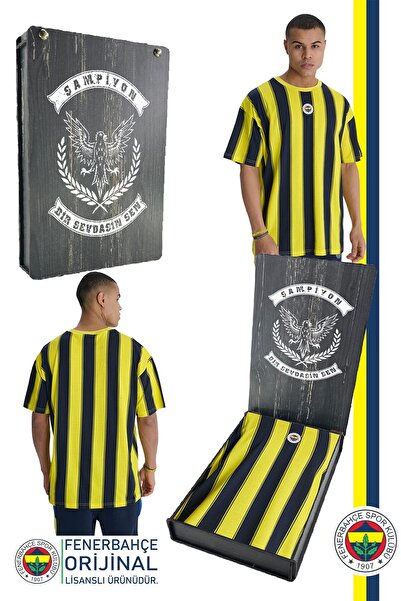 Fenerbahçe Αυθεντικό ανδρικό μπλουζάκι με άδεια χρήσης κίτρινο μπλέ μπαστούνι με ξύλινο κουτί δώρου