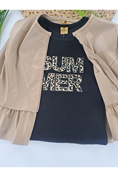 Butik Girl's Leather Jacket Leopard Print Flared Trousers and T-Shirt Three Piece Set