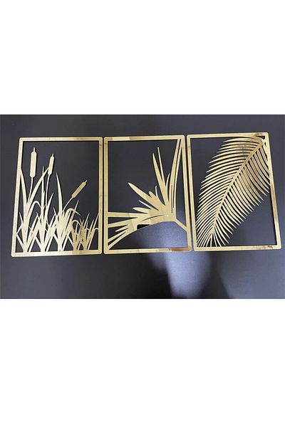 NT Handmade Gold Plexiglass 3-Piece Modern Flowers Wall Decoration - Painting Set for Living Room Living Bedroom