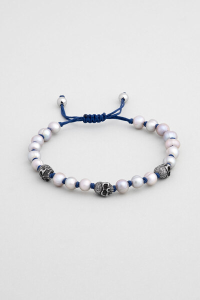 So CHIC... İnci Taşlı Kuru Kafa Figürlü Ayarlanabilir Çelik Erkek Bileklik