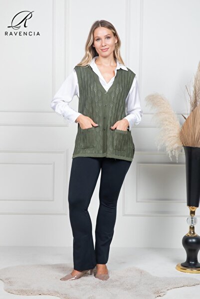 Ravencia Women's Slim Fit Middle-Aged and Older Knitwear Knitted Buttoned Dark Khaki Mother Vest