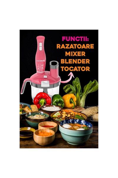 Hausberg Blender 4 in 1 Hausberg HB-7710RZ, capacitate bol 1.5 l, 1500 W, functie turbo, Roz