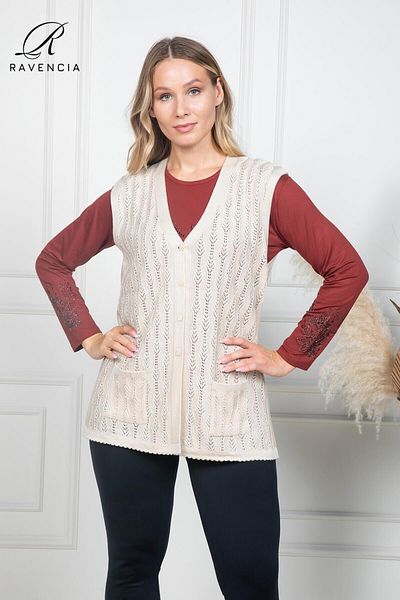 Ravencia Women's Thin Knitwear Knitted Buttoned Cream Color Mother Vest for Middle Ages and Above