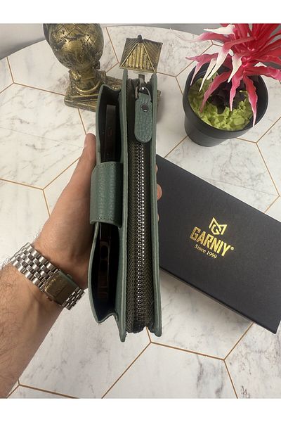 Garniy Khaki Green Wallet with Phone Compartment and Handle and Large Compartment