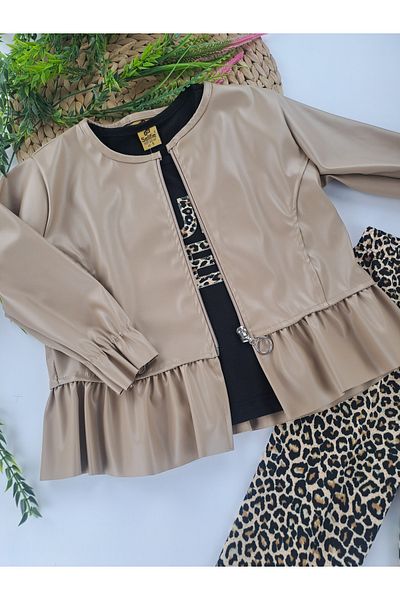 Butik Комплект от три части: кожено яке с леопардов мотив, панталон с разкроена талия и тениска за момиче