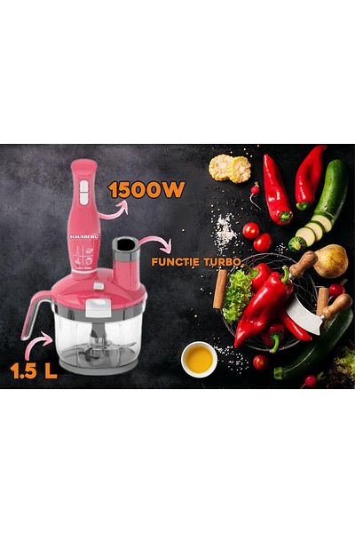 Hausberg Mixér 4 v 1 Hausberg HB-7710RZ, objem mísy 1,5 l, 1500 W, funkce turbo, růžová