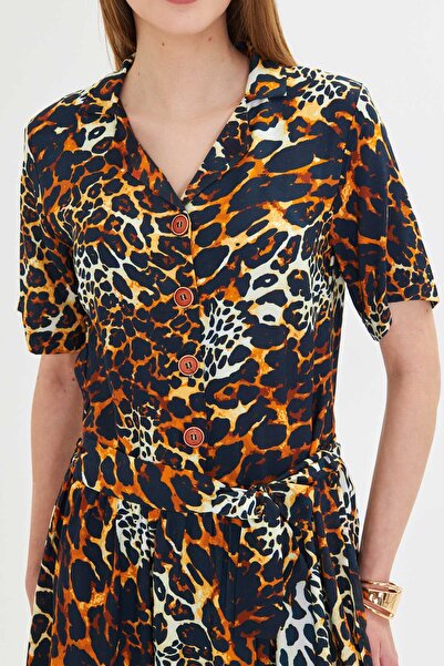 armonika Women's Orange Buttoned Front Waist Drawstring Belted Midi Dress Arm-24Y 001068