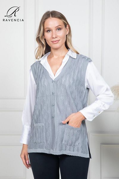 Ravencia Women's Thin Knitwear Knitted Buttoned Gray Mother Vest for Middle Ages and Above
