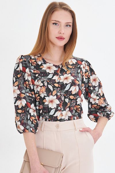armonika Cămașă cu model pentru femei, albastru bleumarin, cu decolteu, cu mâneci sferturi ARM-25Y 001021