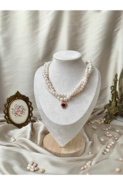 JOVİ ATELİER Sertifikalı Gerçek Doğal Ikili Inci Kolye Çelik Bağlantı Aparatlı Altın Kaplama Kırmızı Kalp