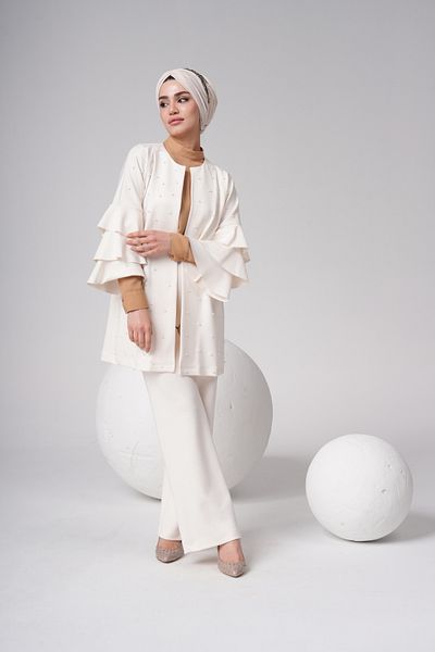 Ambargo Jacket Pants Set |   Pearl Detailed Ruffled Sleeve Flexible Fabric |   4 Season Use
