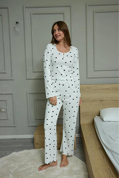 KADİRWEAR SİYAH KALP DESENLİ ÖNDEN DÜĞMELİ UZUN KOL PİJAMA TAKIMI
