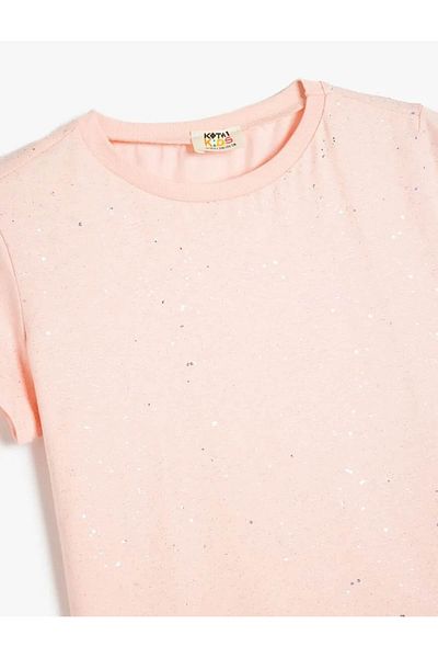 Koton Glitter Detailed Crew Neck Pink Girl's T-Shirt 5Skg10048Ak