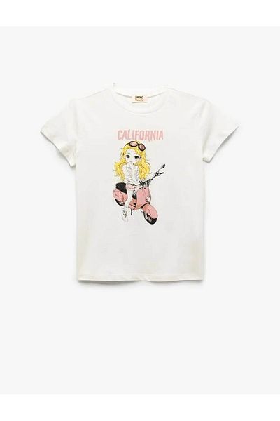 Koton Cotton Crew Neck Print Detailed White Girl's T-Shirt 5Skg10260Ak