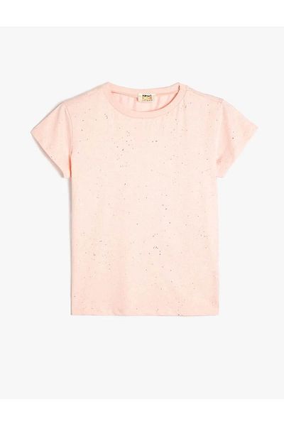 Koton Glitter Detailed Crew Neck Pink Girl's T-Shirt 5Skg10048Ak